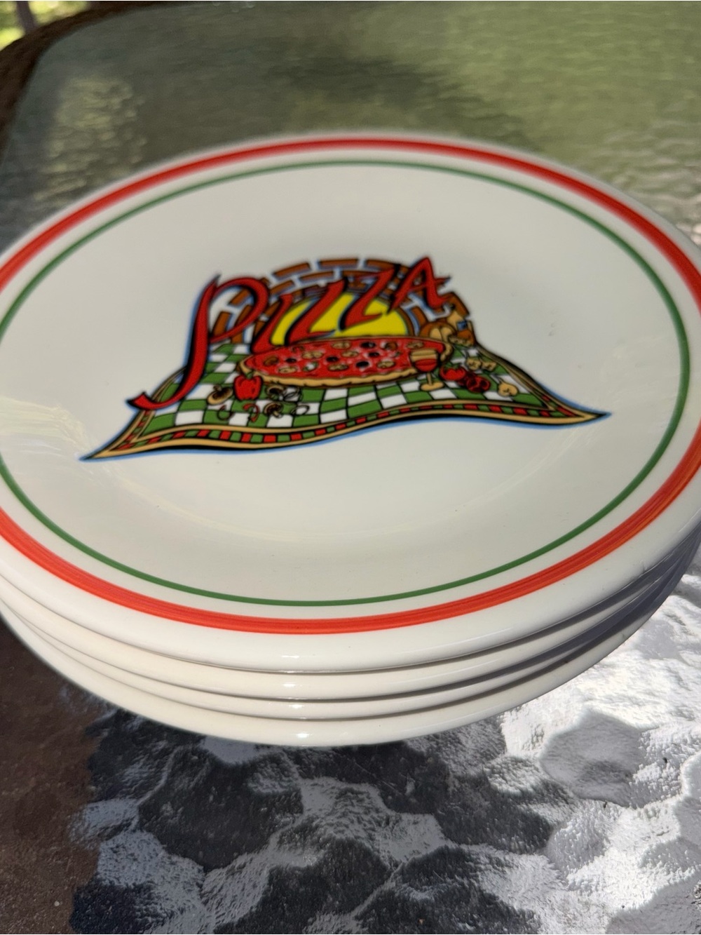 White Pizza Dinner Plates with Red & Green Trim